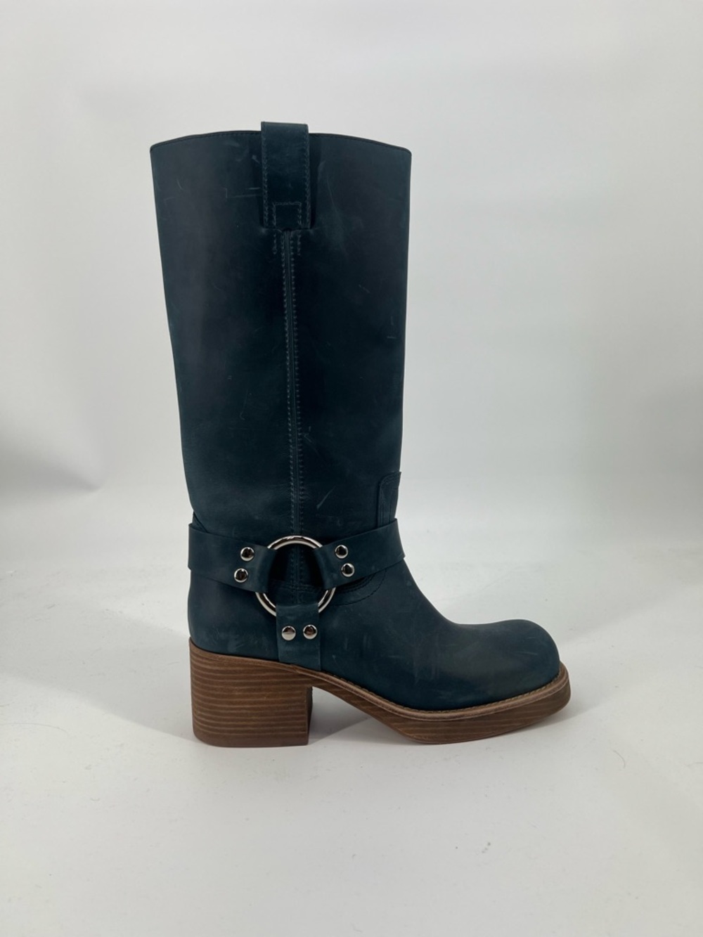 Jeffrey Campbell Reflection Blue Harness Mid-Calf Boots with Brown Stacked Heel - Picture 2 of 13